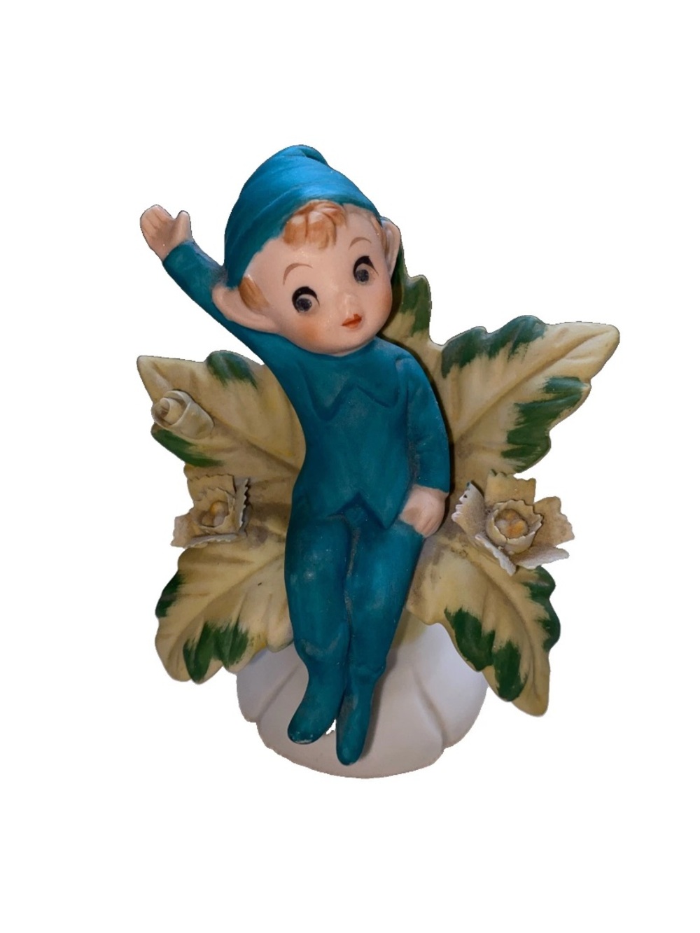 Brinn's VTG Ceramic Pixie Elf Bisque Figurine Sitting on Flower